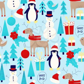 Christmas card with snowman, penguin and deer seamless pattern