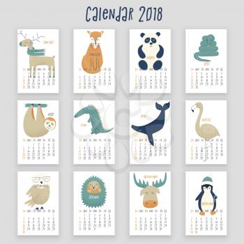 Calendar with animals, 2018 year design with owl, whale, flamingo and panda