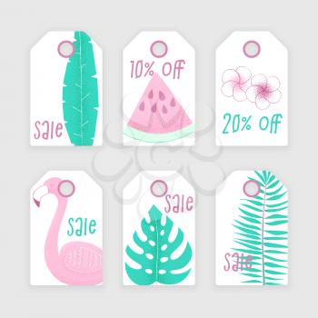 Summer sale with palm, watermelon and flamingo