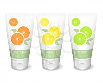 Citrus cosmetics with orange, lime and lemon, white tube cosmetics mockup