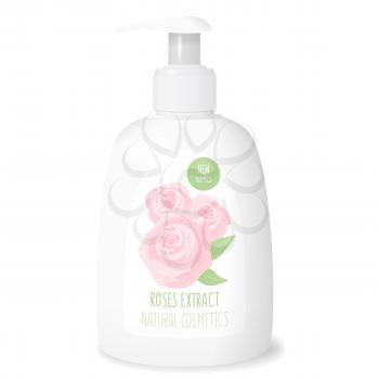 Rose cosmetics, white bottle cream mockup, 3d