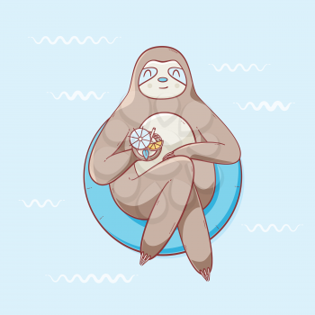 Sloth relaxing in a swimming ring with a cocktail