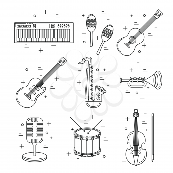Music icons, line art set, instrument vector design, drums, guitar, saxophone and keyboard