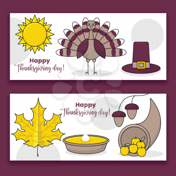 Thanksgiving banners, set of vector design with turkey and pumpkin pie