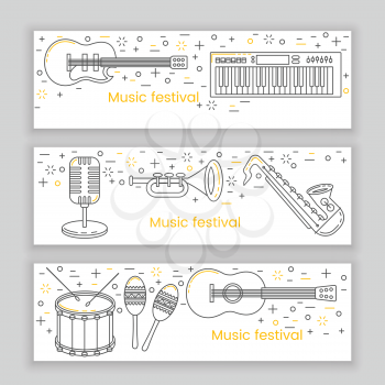 Music festival banner line art set with keyboard, guitar and saxophone
