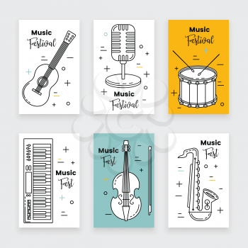Music festival banner line art set with keyboard, guitar and saxophone