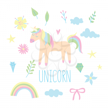 Unicorn set with flowers and clouds and rainbow