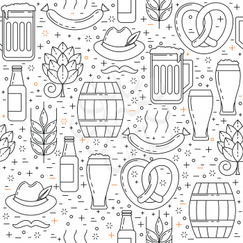 Cold beer design, vector pub decoration with mugs and hop, seamless pattern