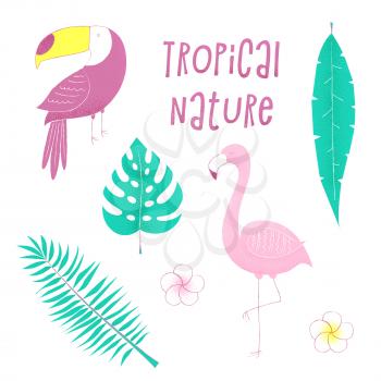 Tropical design with flamingo, palm and toucan, vector stipple