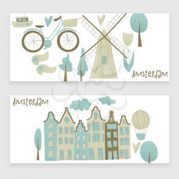 Amsterdam vector design with houses, windmill, tulip and hot air balloon