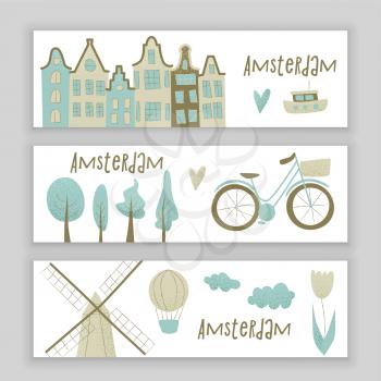 Amsterdam vector design with houses, windmill, tulip and hot air balloon