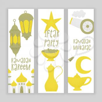Ramadan kareem Iftar party, vector muslim design, golden lanterns and mosque