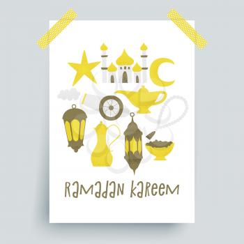 Ramadan kareem, vector muslim design, golden lanterns and mosque