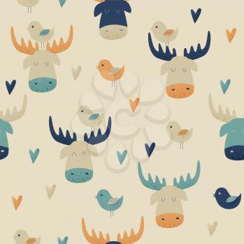 Moose, vector seamless pattern with hearts and birds