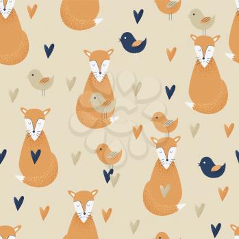 Fox concept, vector seamless pattern with birds and hearts
