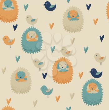 Hedgehog design, vector seamless pattern with birds and hearts