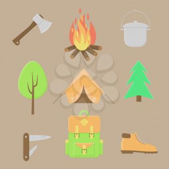 Camping icons, summer outdoor set, campfire and tent