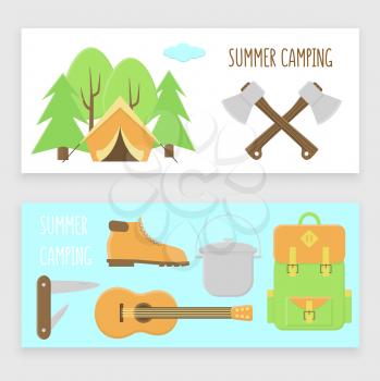 Camping banner set, colorful design with backpack and tent