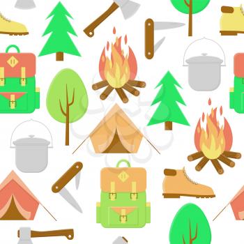 Camping fire seamless pattern, vector colorful background with tent