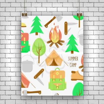 Camping poster, illustration with campfire, tent and backpack