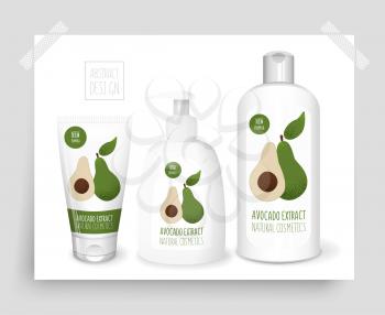 Cosmetics poster with avocado shampoo bottle, dispenser and tube, vector 3D concept