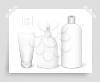 Cosmetics poster with shampoo bottle, dispenser and tube, vector 3D concept