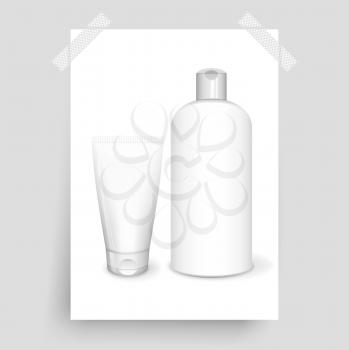 Cosmetics poster with shampoo bottle, dispenser and tube, vector 3D concept