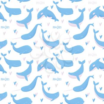 Vector seamless pattern with blue whale, sperm whale, narwhal, killer whale and humpback whale