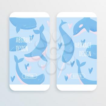Vector cell phone mockup with blue whale, sperm whale, narwhal, killer whale and humpback whale