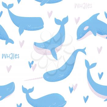 Vector seamless pattern with blue whale, sperm whale, narwhal, killer whale and humpback whale