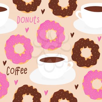 Donut and tea cup design, love concept with hearts seamless pattern