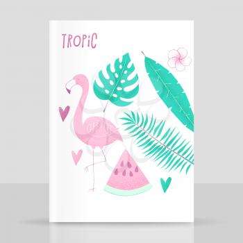 Tropical concept with flamingo, palm leaves and watermelon