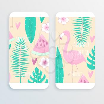 Tropical concept with flamingo, palm leaves and watermelon