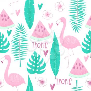 Tropical concept with flamingo, palm leaves and watermelon, seamless pattern