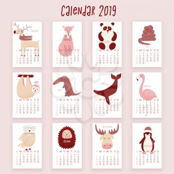Calendar 2019, vector illustration with cute animals