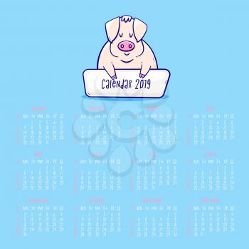 Calendar 2019, vector illustration with pig, a symbol of a Chinese New Year