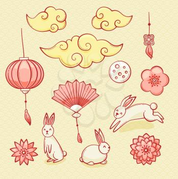 Mid autumn festival set, Chinese clouds, lanterns and rabbits