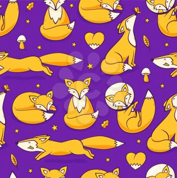 Foxes seamless pattern, vector cute illustration with a fox in space