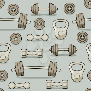 Gym barbells and dumbbells seamless pattern, fitness center vector design