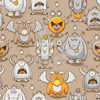 Monsters cartoon seamless pattern, vector illustration with different emotions