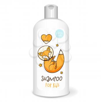Shampoo bottle, white mockup with fox, 3D design concept for kids