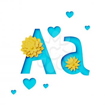 Paper cut fletter a with flowers, realistic 3d vector design