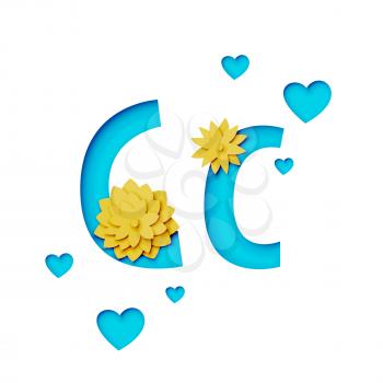 Paper cut letter c with flowers, realistic 3d vector design