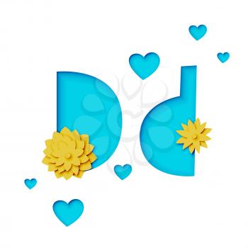 Paper cut letter d with flowers, realistic 3d vector design