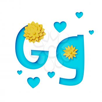 Paper cut letter g with flowers, realistic 3d vector design
