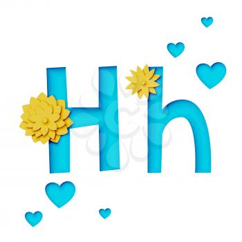 Paper cut letter H with flowers, realistic 3d vector design