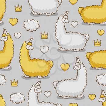 Llama, vector seamless pattern, cute design with hearts