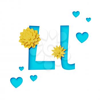 Paper cut letter L with flowers, realistic 3d vector design