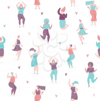 Woman dance, vector seamless pattern with dancing and jumping girls