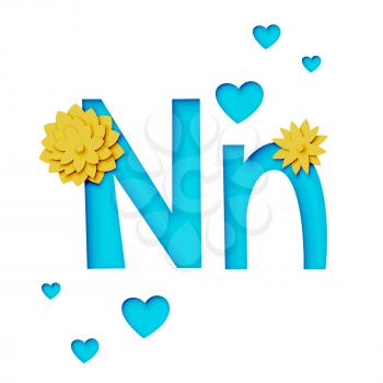 Paper cut letter N with flowers, realistic 3d vector design